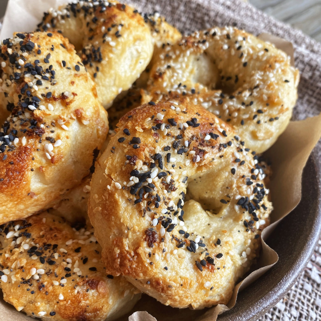 A bowl of bagels with sesame seeds.