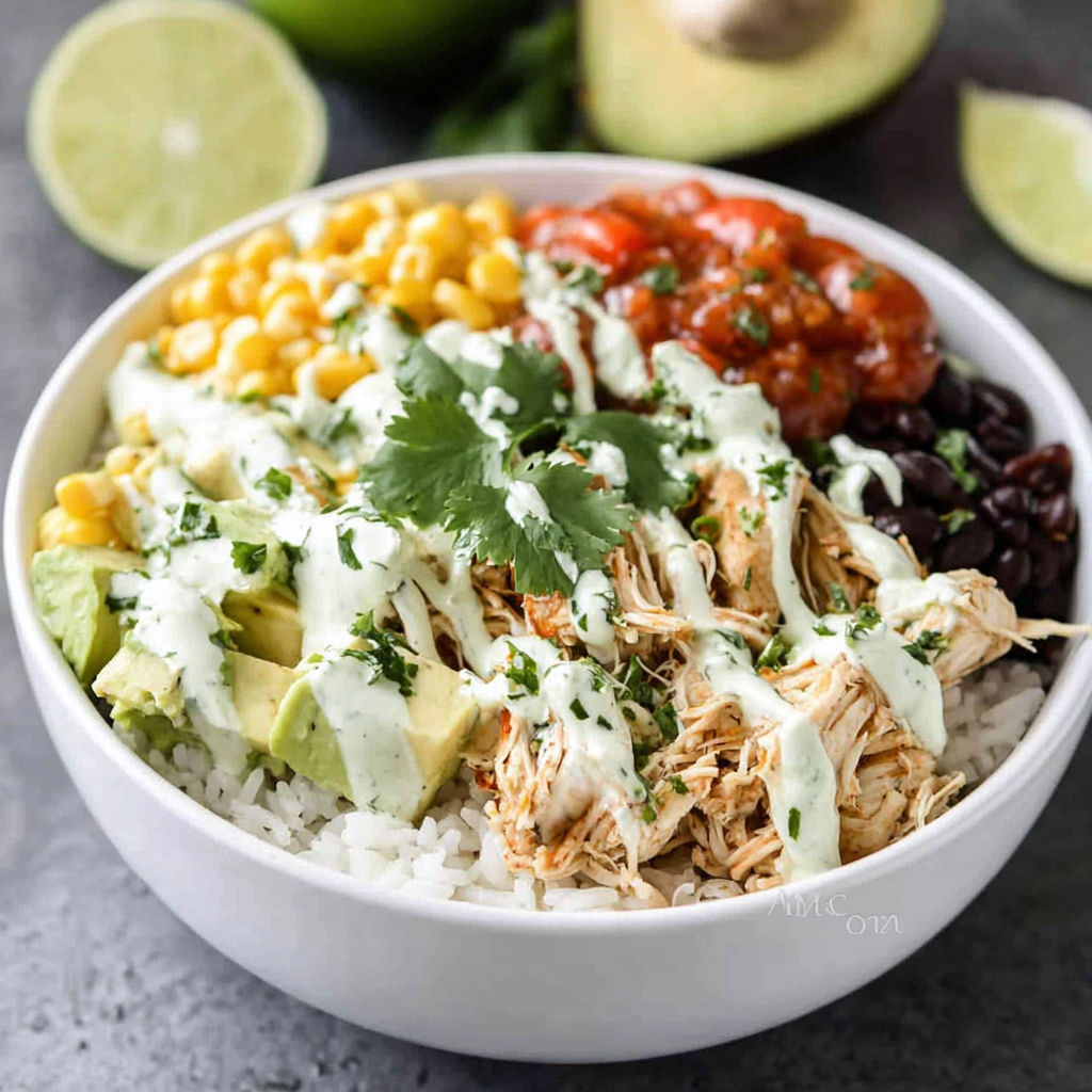 A bowl of food with rice, chicken, beans, and tomatoes.