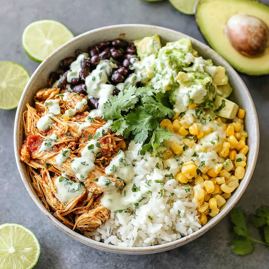 A bowl of food with rice, beans, corn, and chicken.