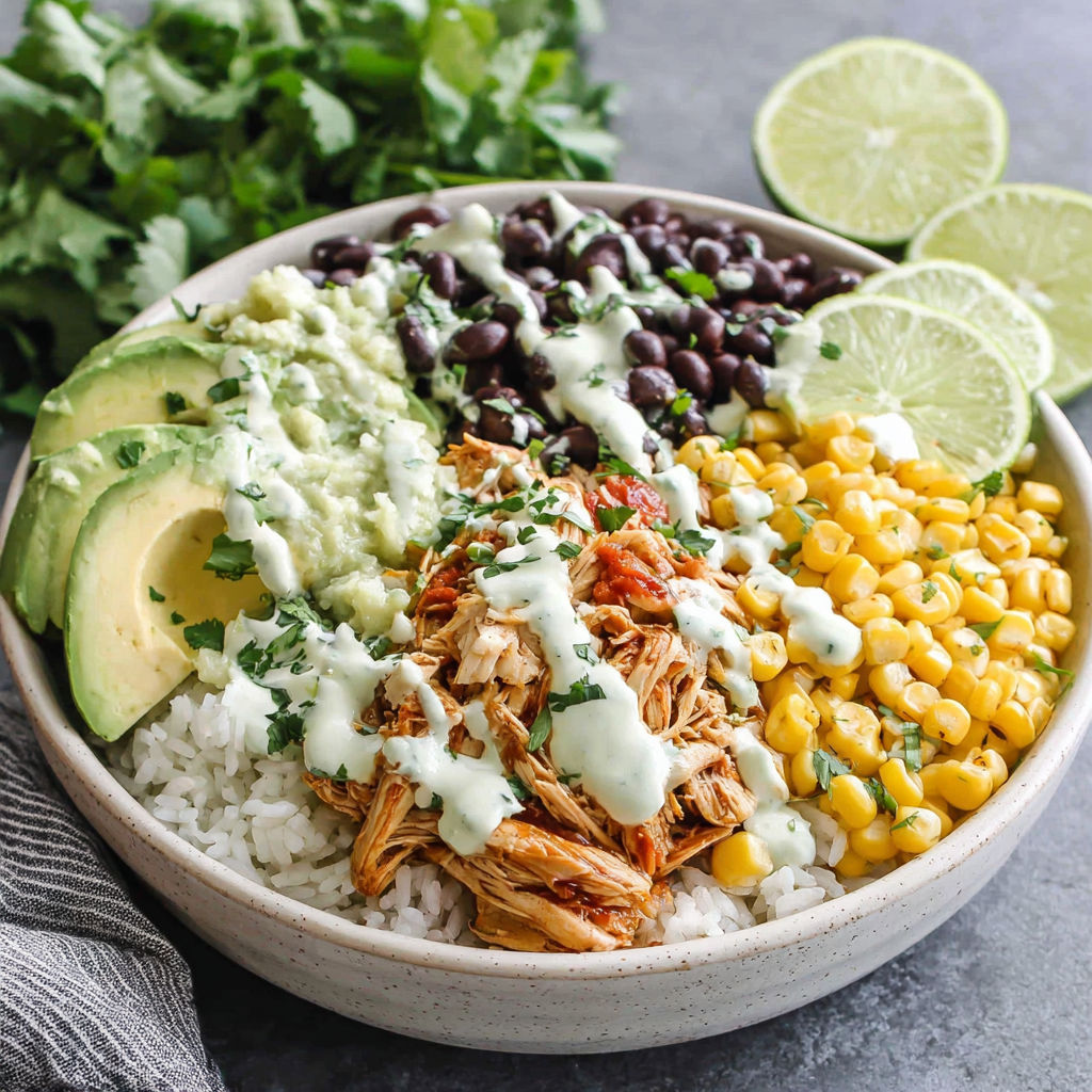 A bowl of food with rice, beans, corn, lime, and chicken.