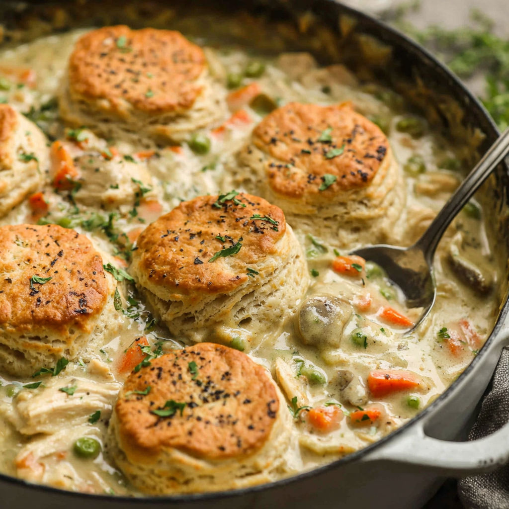 A pot of chicken pot pie with biscuits.
