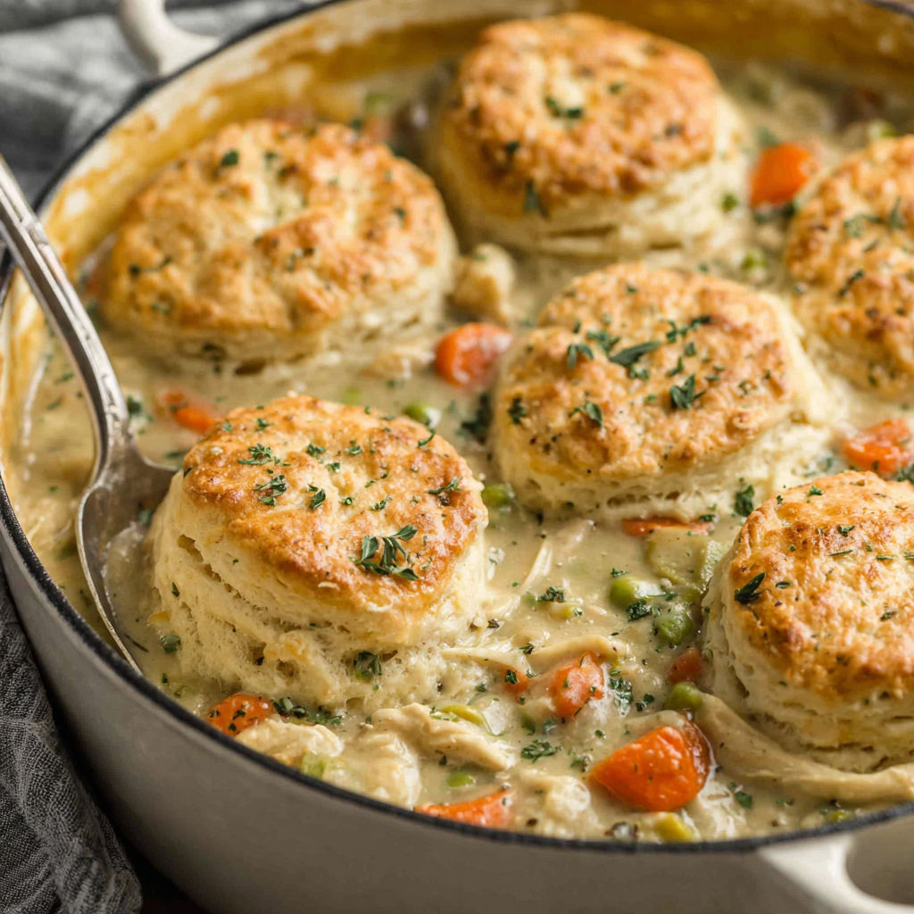 A pot of chicken pot pie with biscuits.