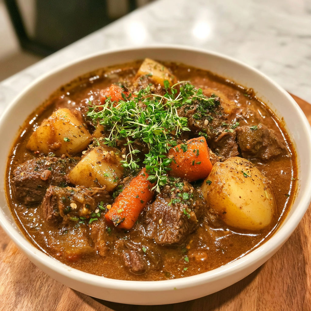 A bowl of beef stew with carrots and potatoes.