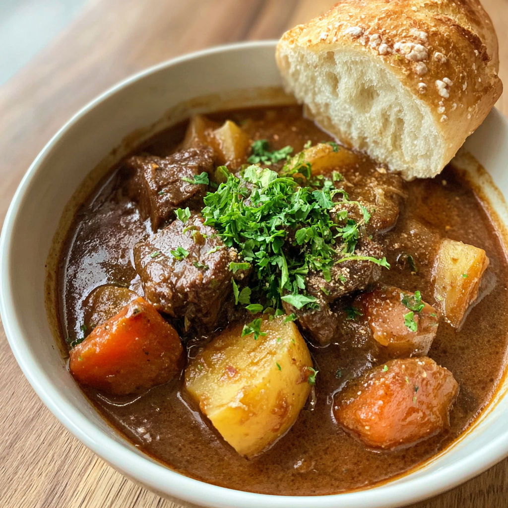 A bowl of soup with a piece of bread on top.