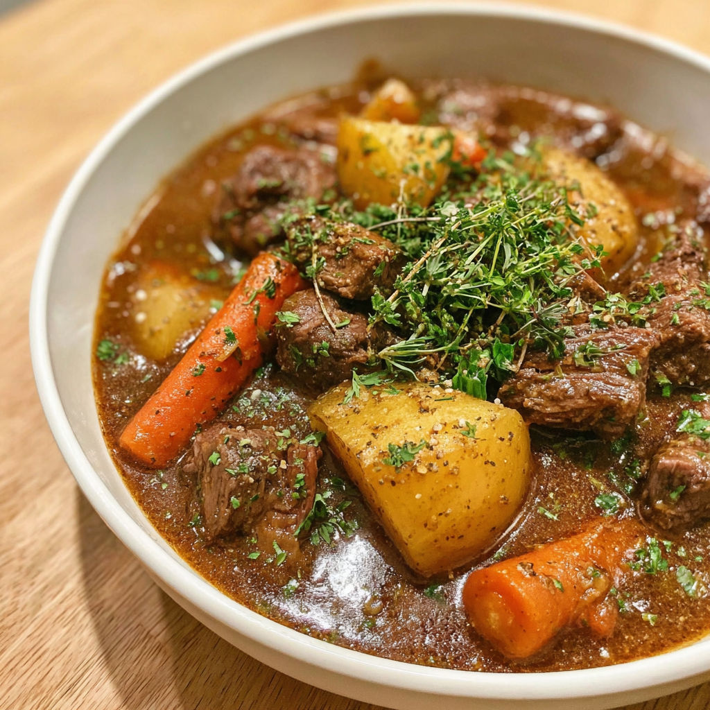 A bowl of stew with meat, potatoes, carrots and parsley.