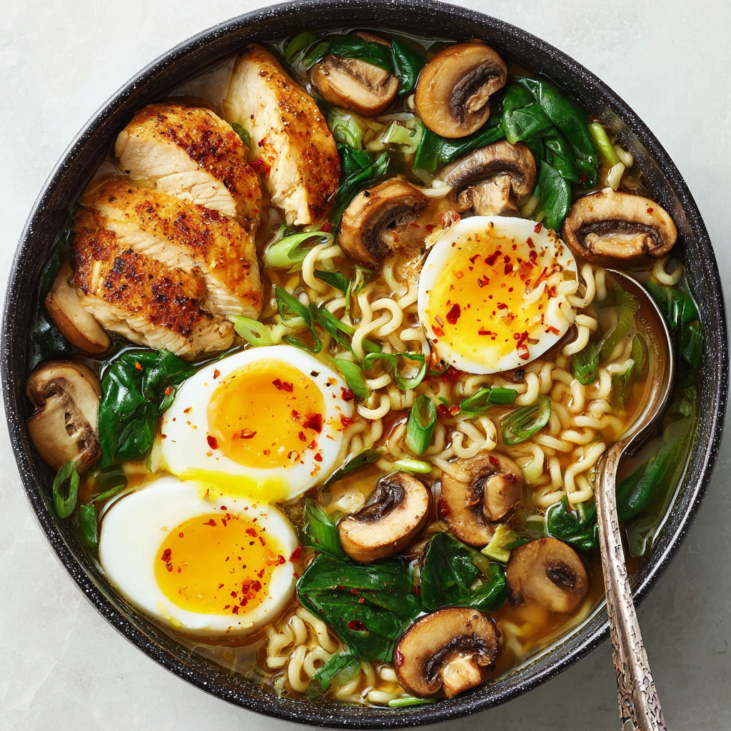 A bowl of noodles with eggs and mushrooms.