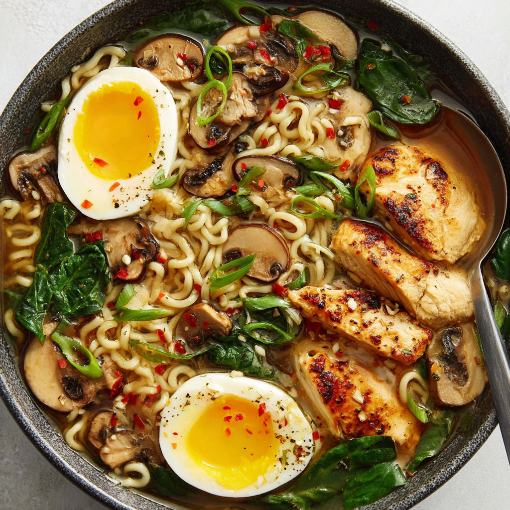 A bowl of noodles with mushrooms, eggs, and chicken.