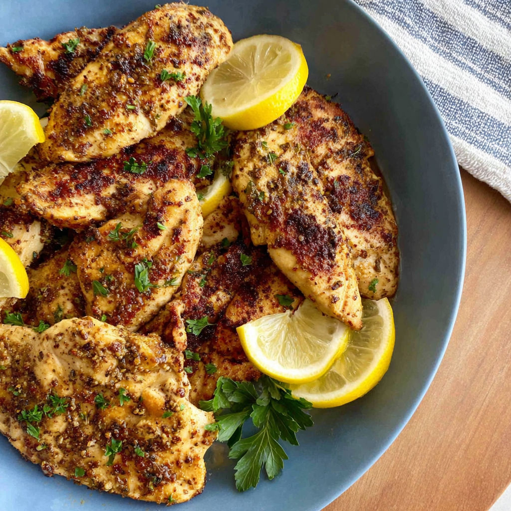 A plate of marinated chicken with lemon wedges on top.