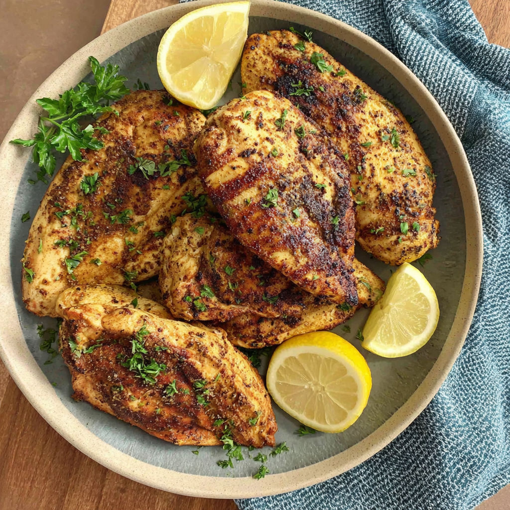 A bowl of marinated chicken with lemon wedges.