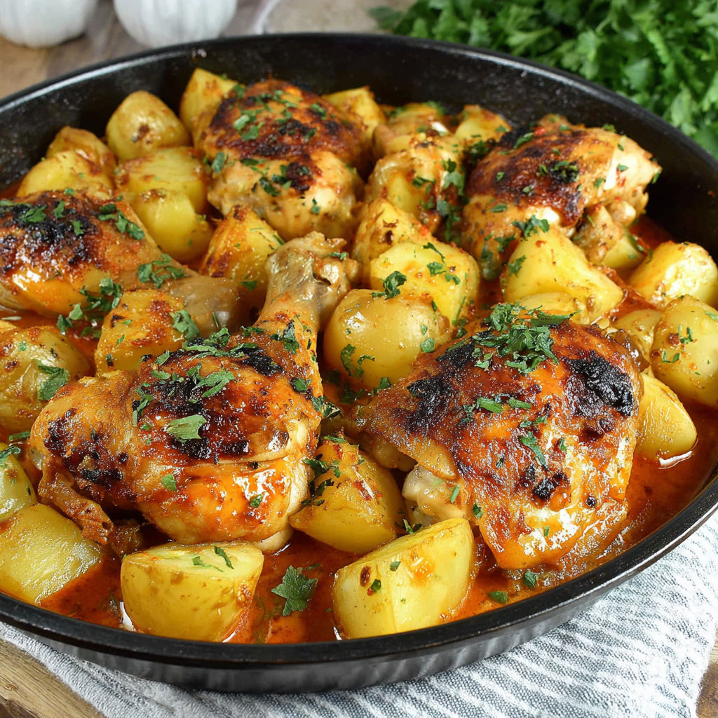 A pan of chicken and potatoes.