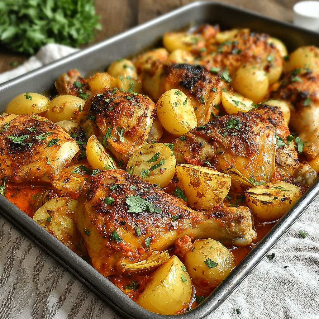 A pan of chicken and potatoes.