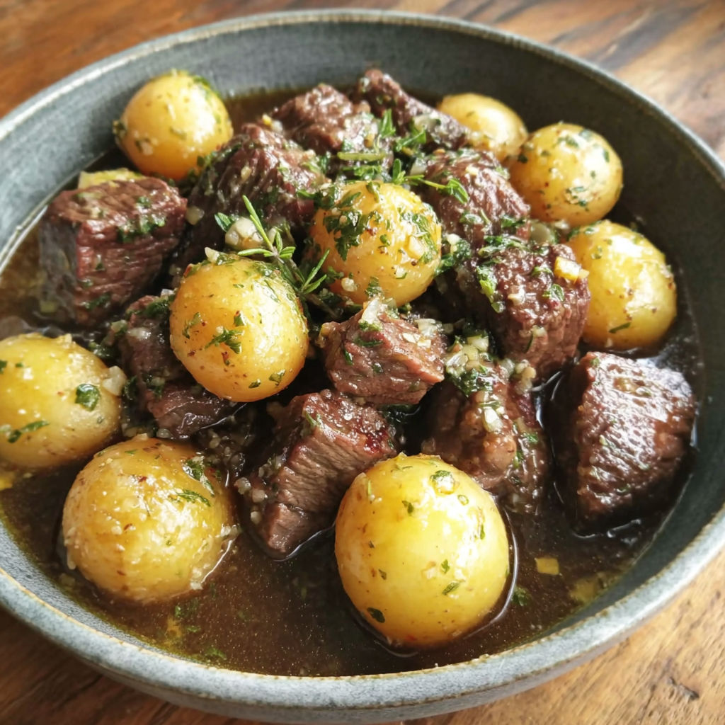 A bowl of meat and potatoes.