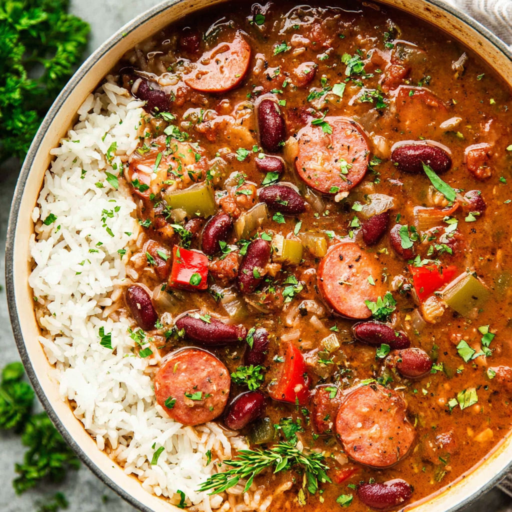 A bowl of beans with sausage and rice.