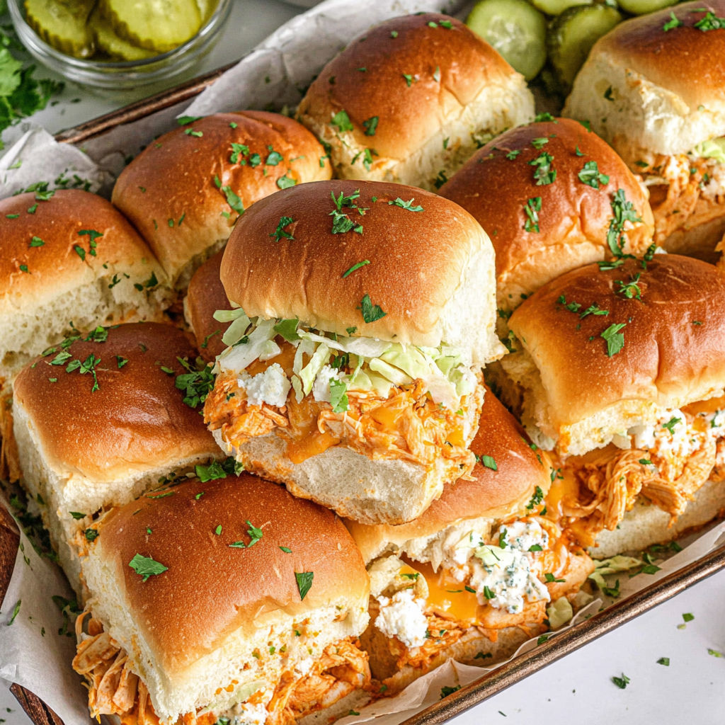 A tray of spicy buffalo chicken sliders.