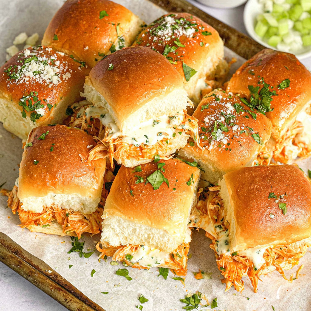 A tray of spicy buffalo chicken sliders.