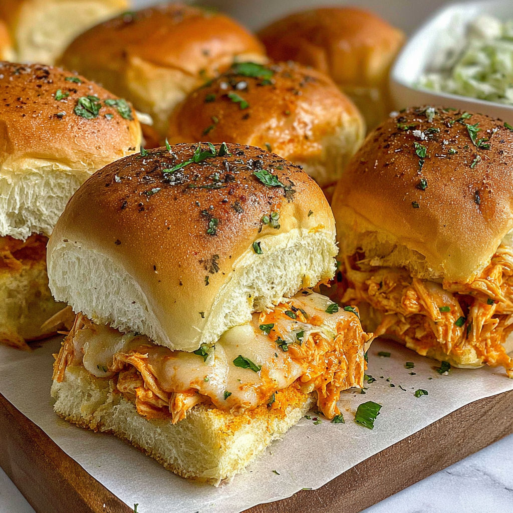 A plate of spicy buffalo chicken sliders.