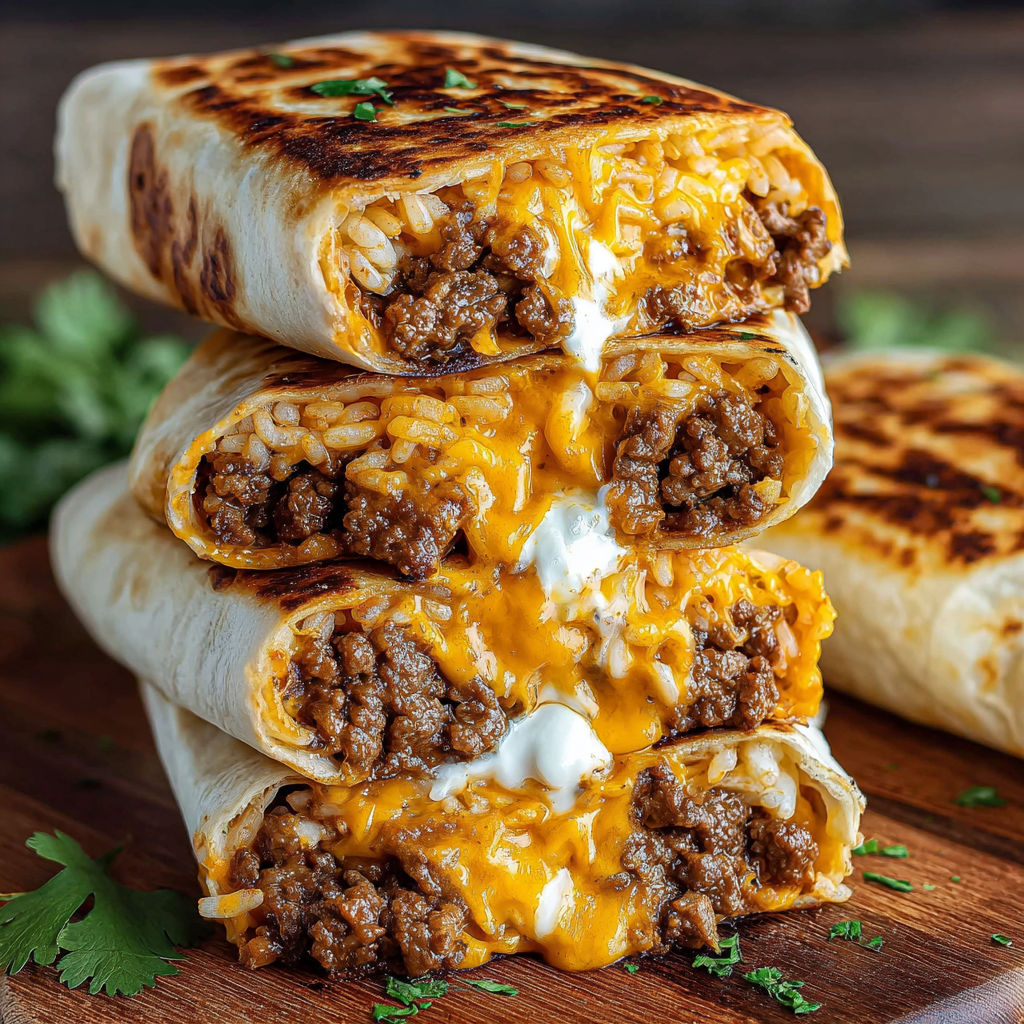 A stack of burritos with meat and cheese.