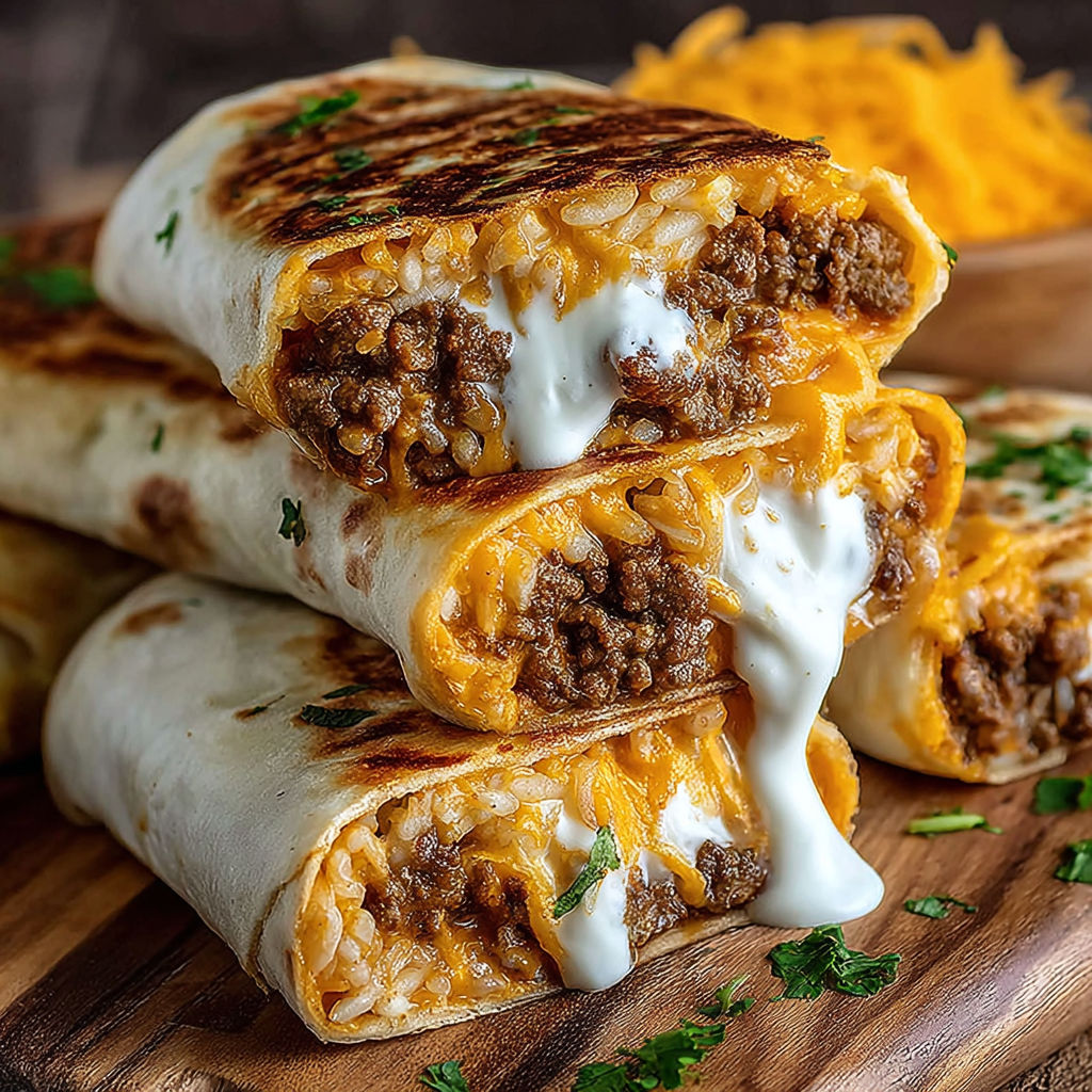 A stack of burritos with white cheese and sour cream.