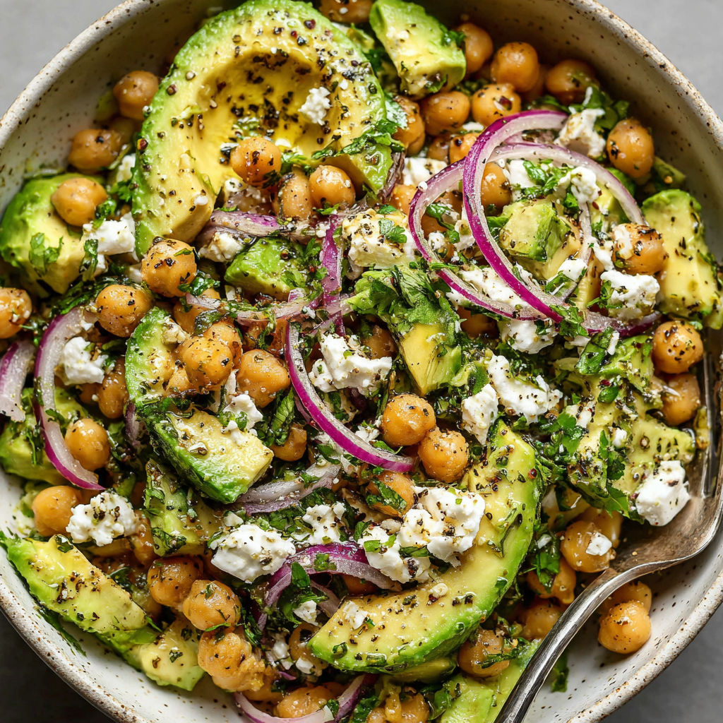 A bowl of chickpea feta avocado salad.