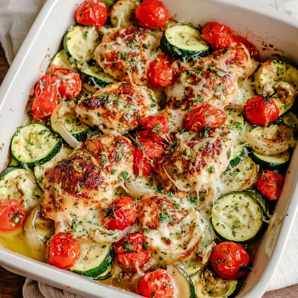 A dish of chicken and zucchini with tomatoes and cheese.