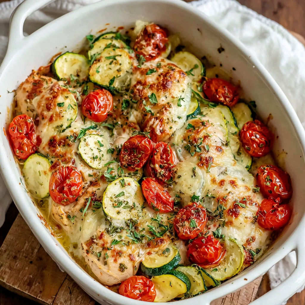 A dish of chicken and zucchini.