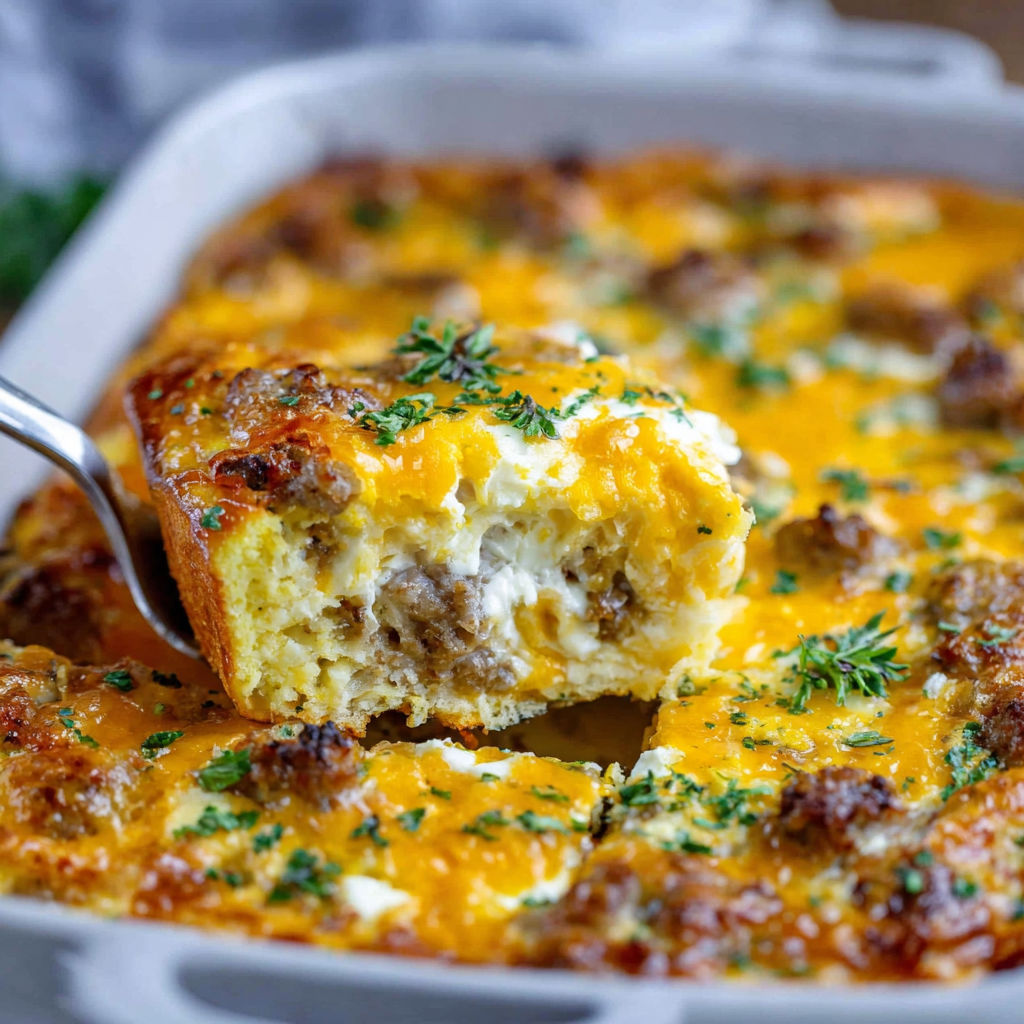 A casserole with sausage and cheese.