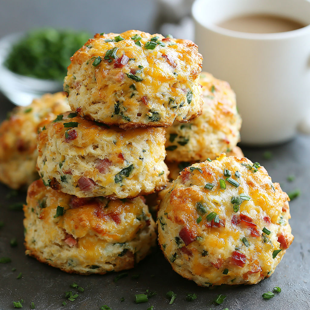 A stack of biscuits with cheese and herbs on top.
