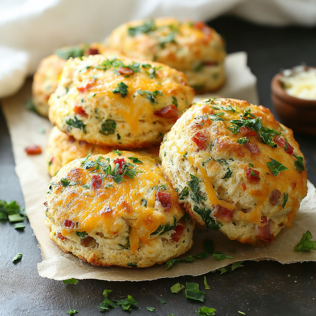 A stack of biscuits with cheese and bacon.
