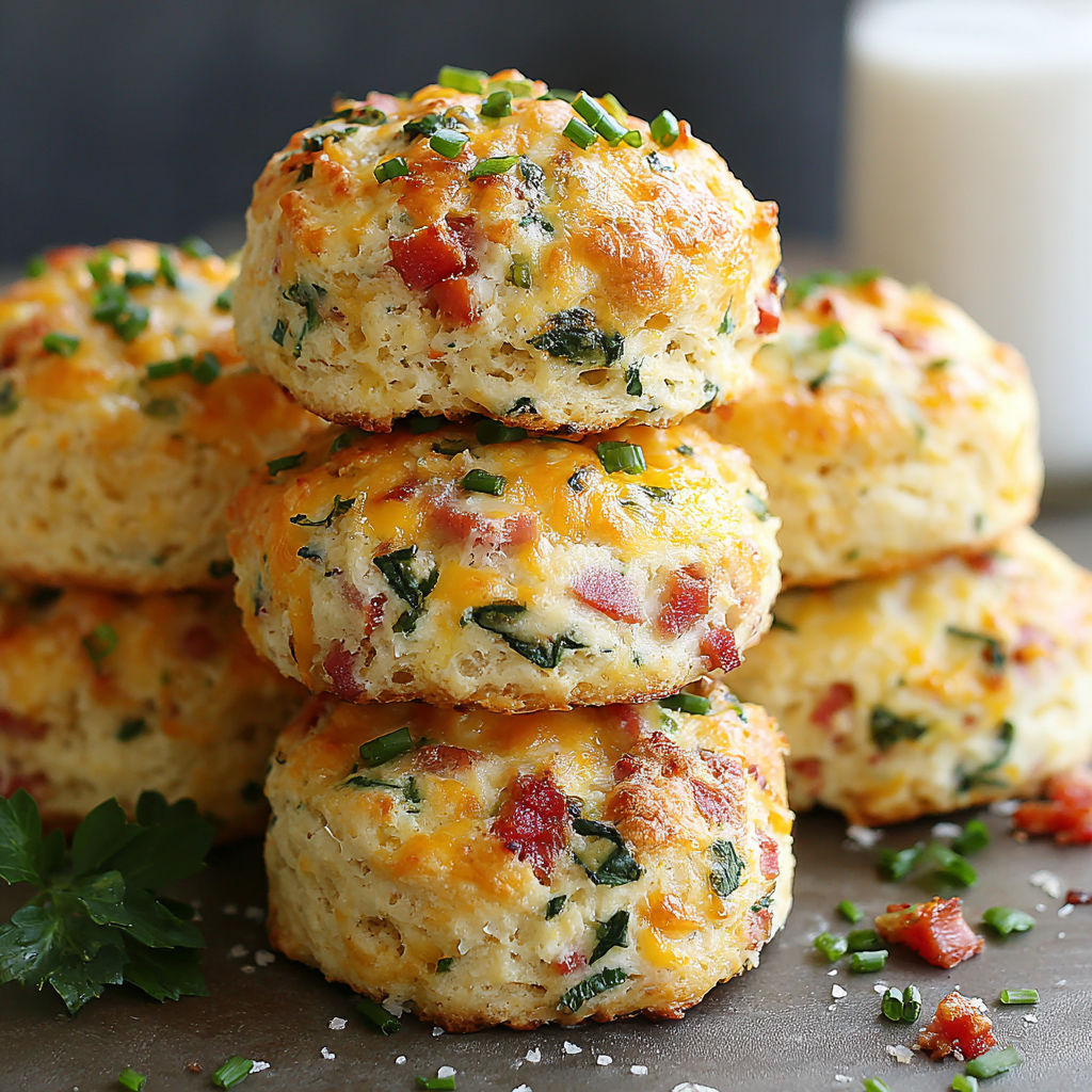 A stack of biscuits with cheese and herbs on top.