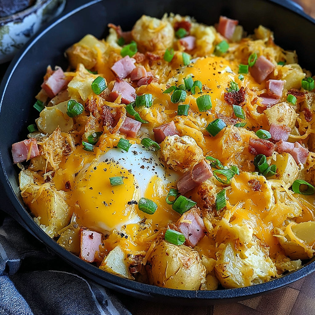 A cheesy potato egg scramble in a black bowl.