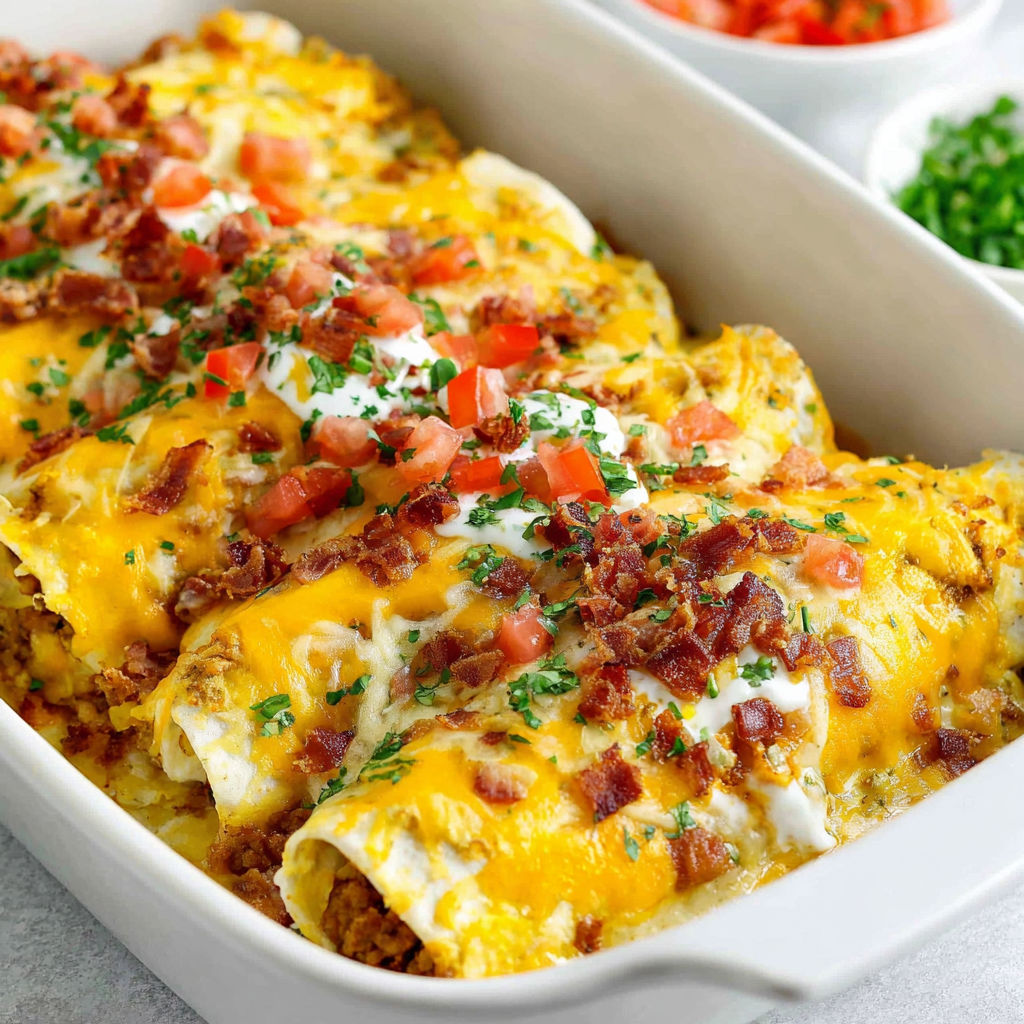 A white bowl filled with bacon and tomato covered food.