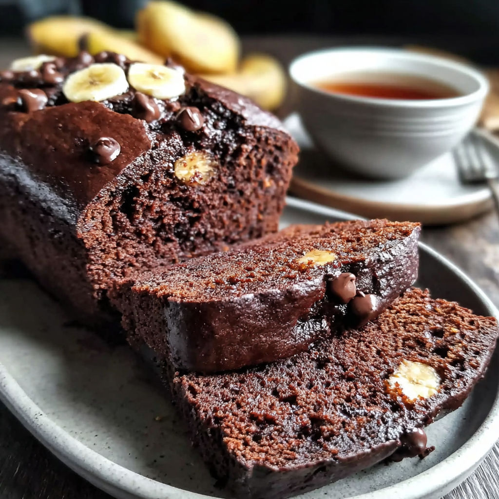 A slice of moist chocolate espresso banana bread.