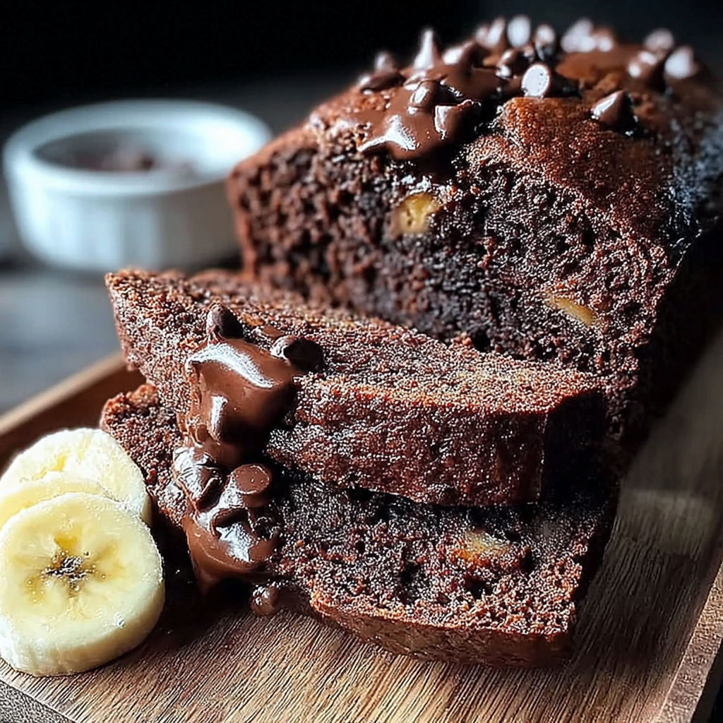 A slice of moist chocolate espresso banana bread.