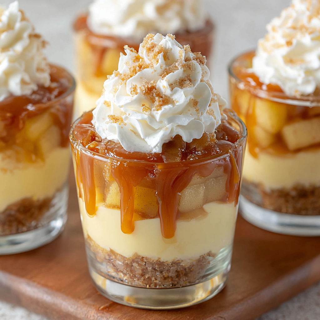 Three dessert cups filled with caramel apple dessert.