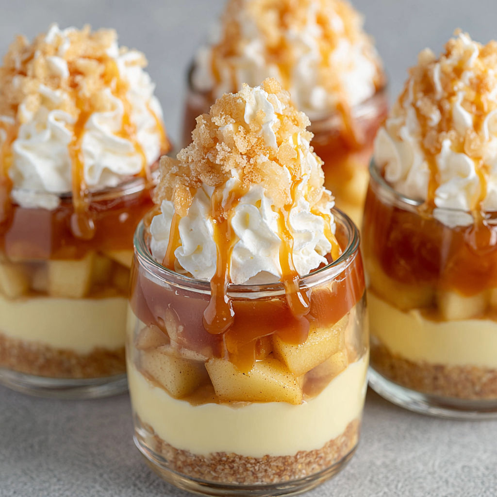 Three dessert cups filled with caramel apple dessert.