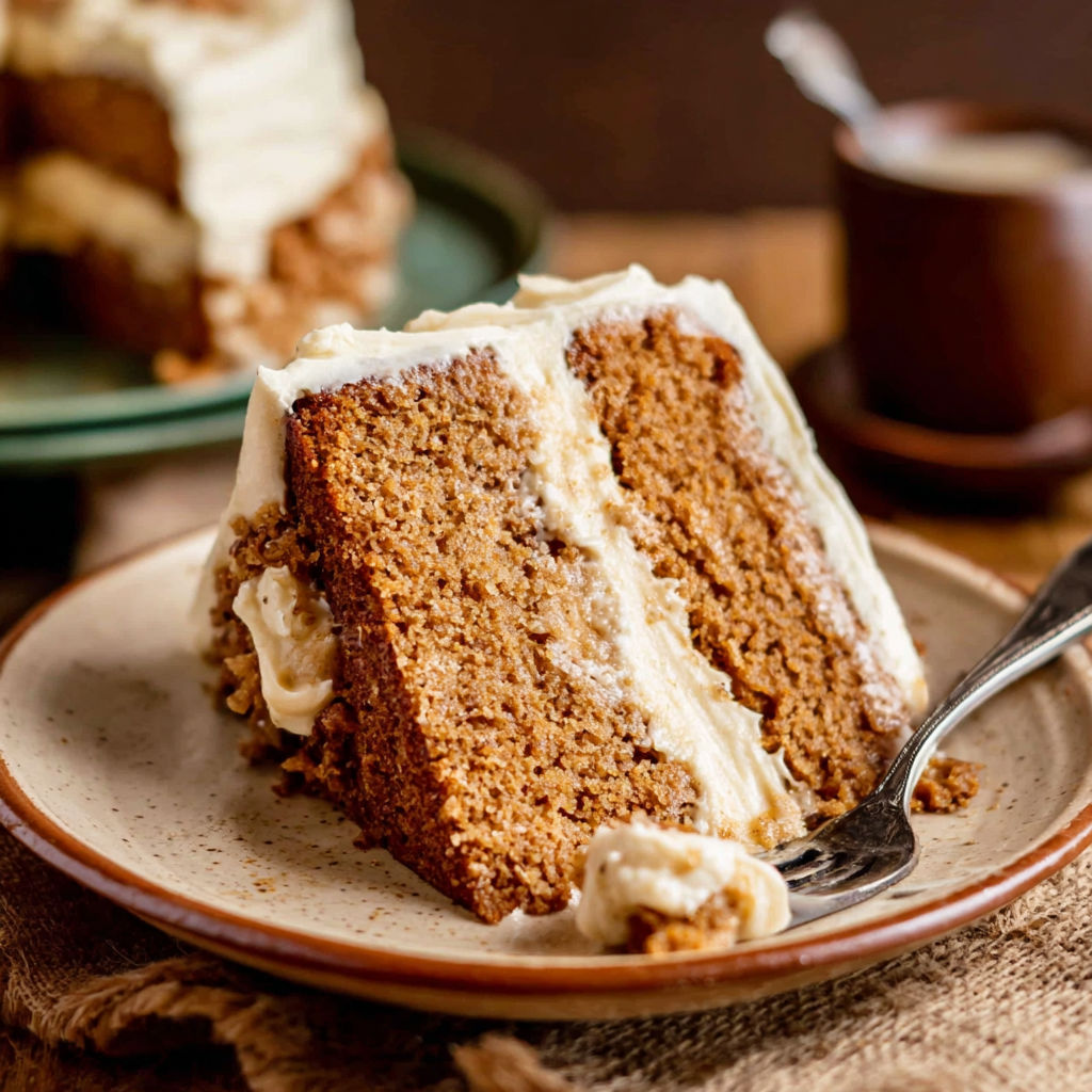 A slice of brown sugar chai cake on a plate.