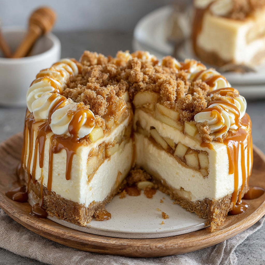 A slice of cheesecake with caramel drizzled on top.