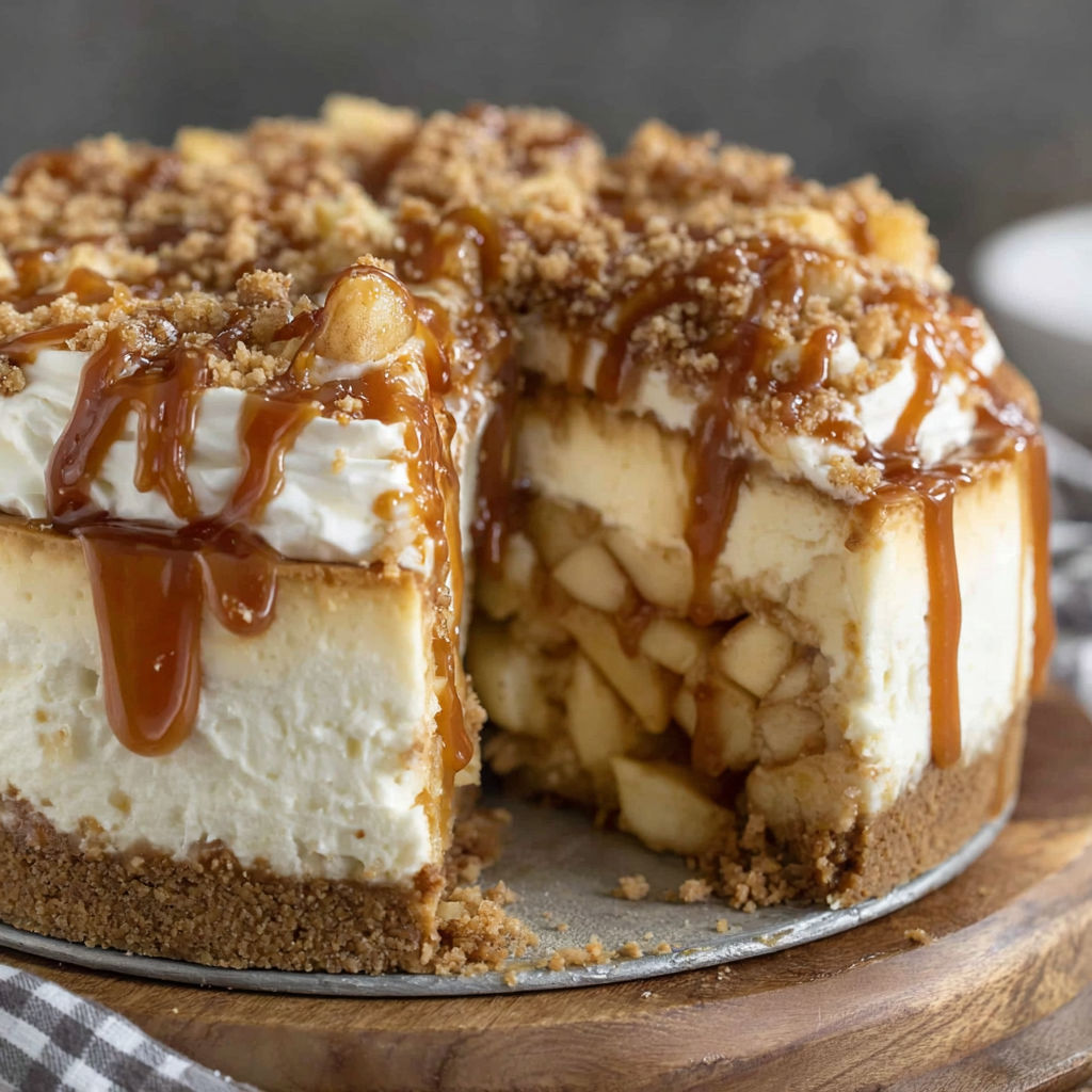 A slice of caramel apple pie cheesecake.
