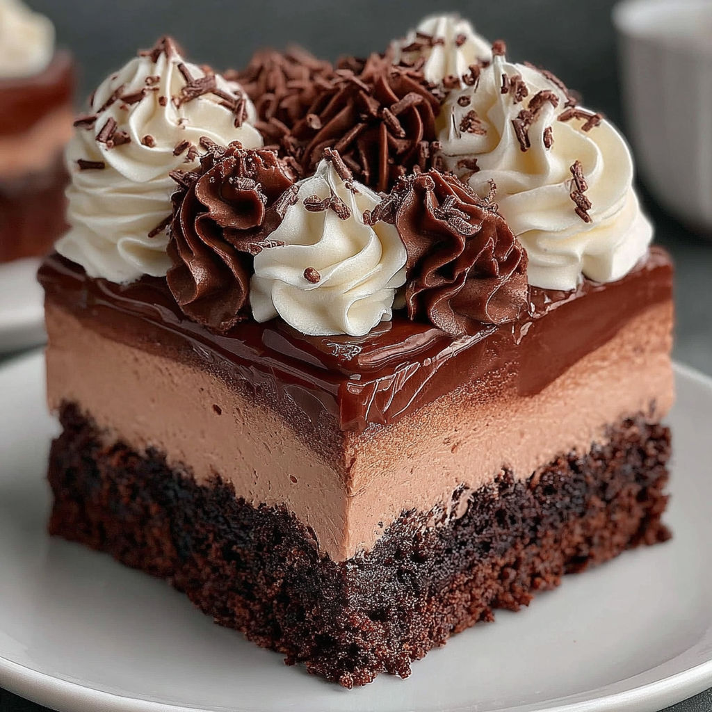 A chocolate mousse brownies cake on a plate.