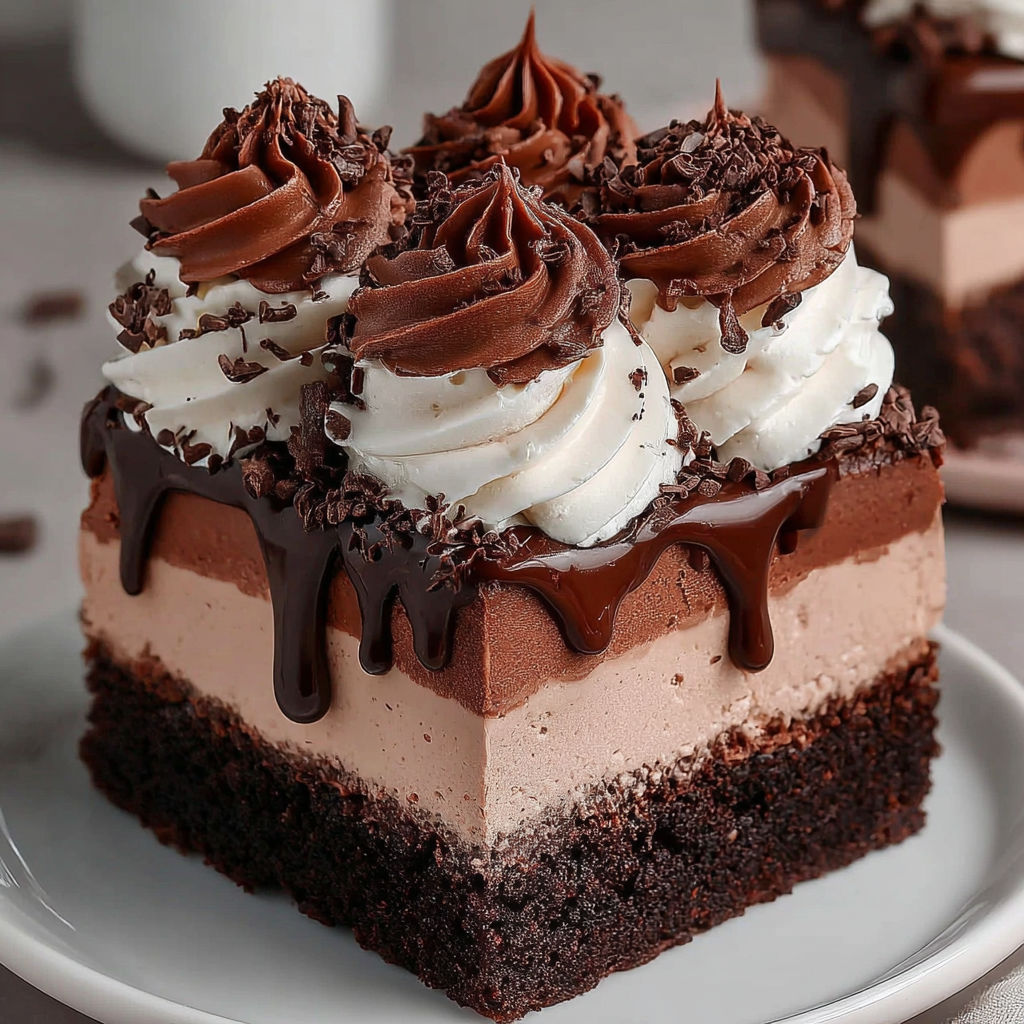 A slice of chocolate mousse brownies on a plate.