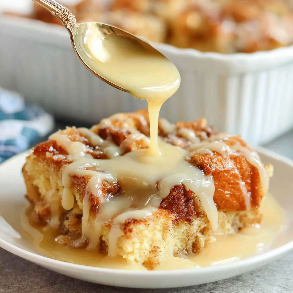 A plate of bread pudding with a spoon in it.