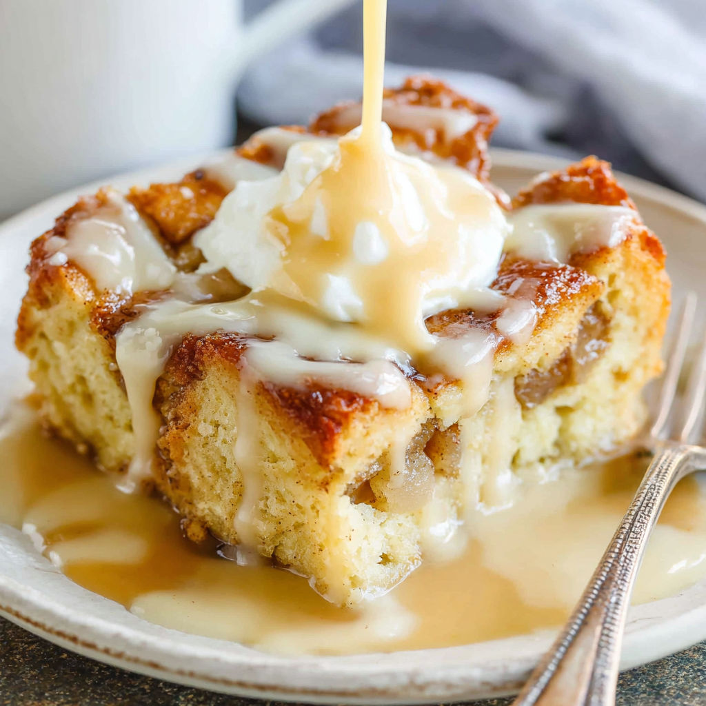 A slice of bread pudding with a dollop of sauce on top.