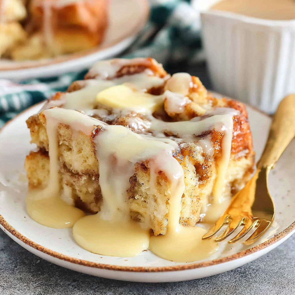 A plate of bread pudding with a fork on it.