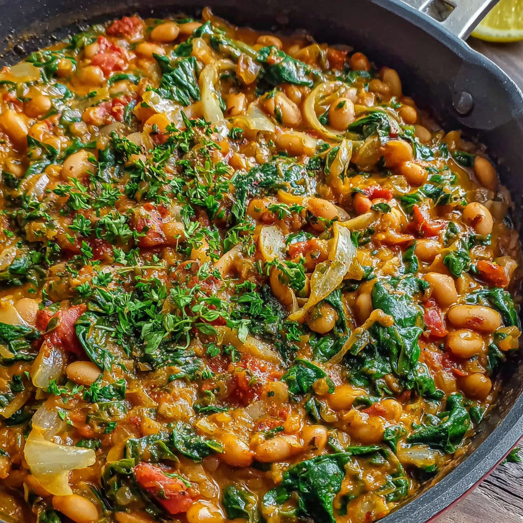 A bowl of food with greens and beans.