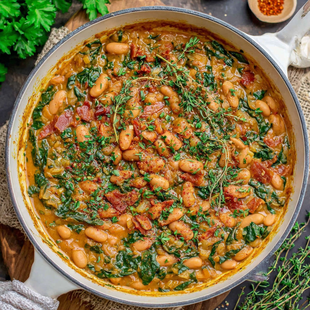 A bowl of beans with greens and spices.