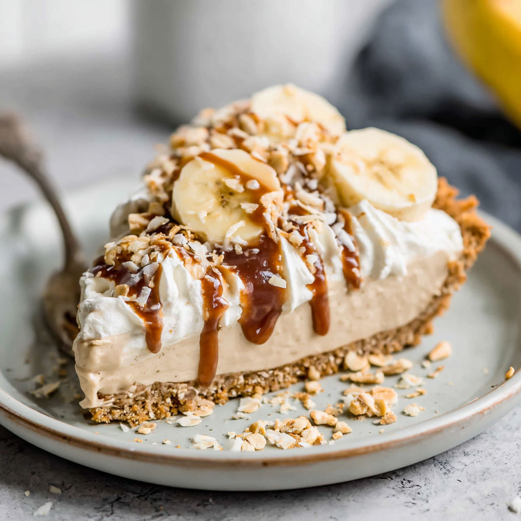 A slice of banana cream pie with a drizzle of caramel sauce.