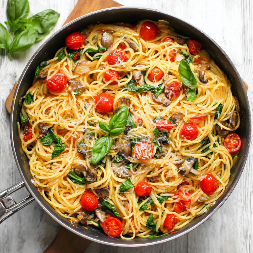 A one pan pasta recipe with mushrooms, tomatoes, spinach, and basil.