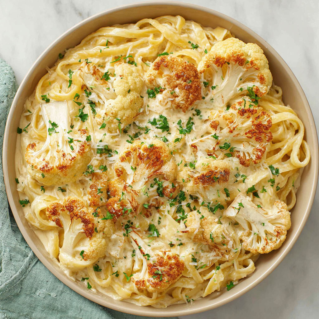 A bowl of pasta with cauliflower on top.
