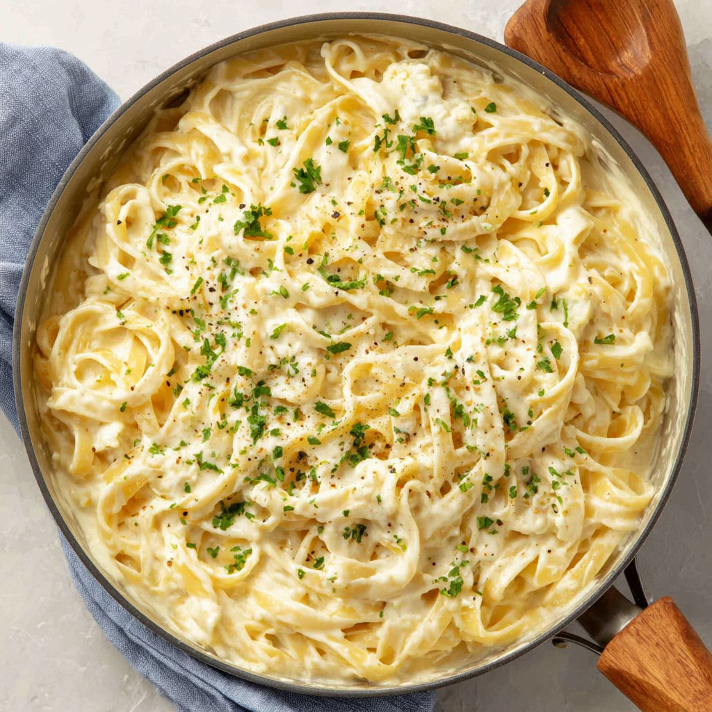 A pan of cauliflower Alfredo.