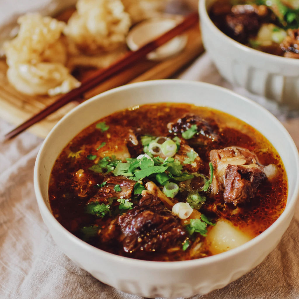 A bowl of soup with meat and vegetables.